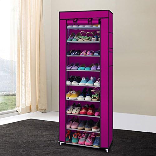 10 Tiers Shoe Rack with Dustproof Cover 27 Pair Shoe Tower Stand Sturdy Shelf Storage Organizer Cabinet Perfect for Bedroom, Closet, Entryway, Dorm Room (Rose Red)-NeatNest