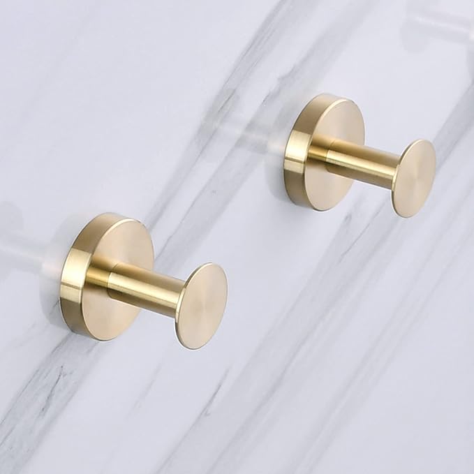 NEWRAIN Bathroom Towel Hooks, 2 Pack Towel Holder for Bathroom Wall, Cabinet Closet Door, Kitchen, Bedroom, Hotel - Modern Design Effortless Mounting Towel Hangers, Robe Hook Brushed Gold