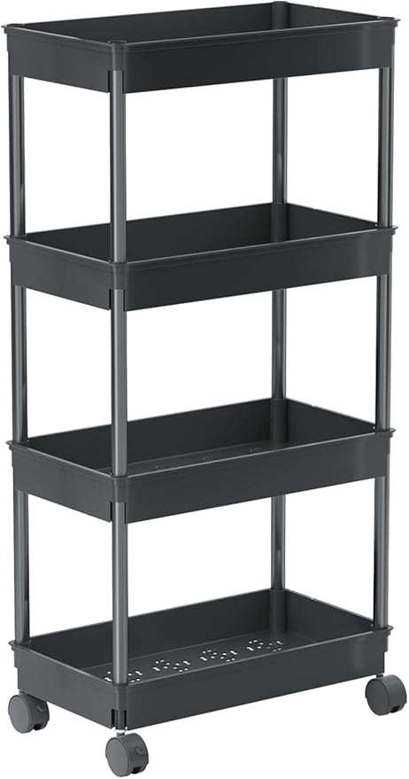 Sooyee 4 Tier Wide Storage Cart Mobile Shelving Unit Organizer Slide Out Storage Rolling Utility Cart Tower Rack for Kitchen Bathroom Laundry, Plastic & Stainless Steel,Black