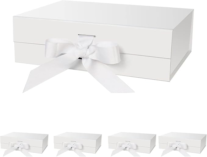 Gift Box with Lid for Presents 10.5x7.5x3.1 Inches with Ribbon and Magnetic Closure(5-Pack) (White)-NeatNest