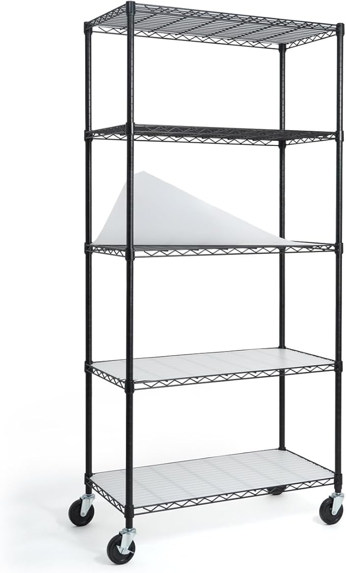 CAPHAUS NSF Commercial Grade Heavy Duty Wire Shelving w/Wheels, Leveling Feet & Liners, Storage Metal Shelf, Garage Shelving, Utility Wire Rack Storage Shelves, w/Liner, 36 x 18 x 76 5-Tier-NeatNest
