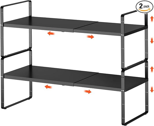 2Pack 16.5-27’’L Expandable Cabinet Shelf Organizers, Stackable Metal Shelves Extender for Kitchen Countertop Storage, Adjustable Spices Shelves Rack Stand for Cupboard Pantry, Black-NeatNest