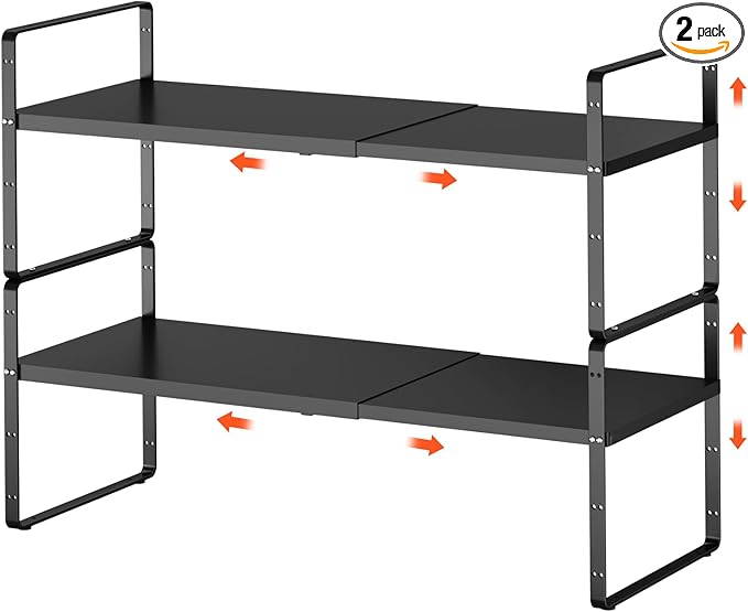 2Pack 16.5-27’’L Expandable Kitchen Shelf Organizer, Stackable Shelves Organizer, Adjustable Height Pantry Spice Rack for Cabinet, Countertop, Pantry and Cupboard, Black