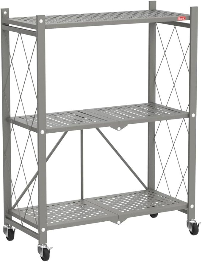 DEANIC 3 Tier Foldable Storage Shelves with Wheels, Kitchen Appliance Stand, Freestanding Metal Wire Shelf Rack, No Assembly Organizer Rolling Cart for Garage, Basement, Pantry(Grey)