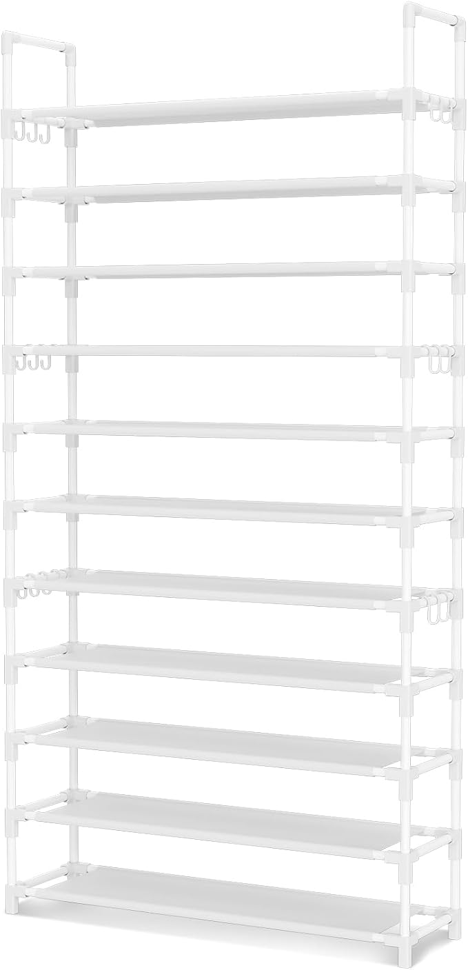 11 Tiers Tall Shoe Rack Holds 55 Pairs of Shoes with 18pcs Hooks Sturdy Wide Shoe Organizer Storage Free Standing Metal Shoe Shelf for Closet, Entryway White-NeatNest