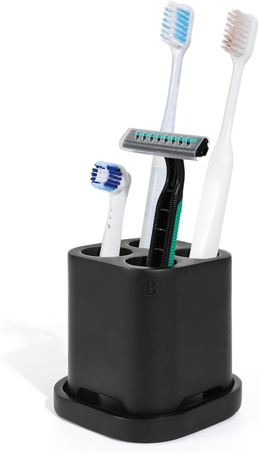 Luxspire Toothbrush Holder - 4 Slots, Character Marked, Drainage Hole & Tray, Non-Slip, Electric Toothbrush Head Holder, Toothbrush Holder for Bathroom, Matte Black