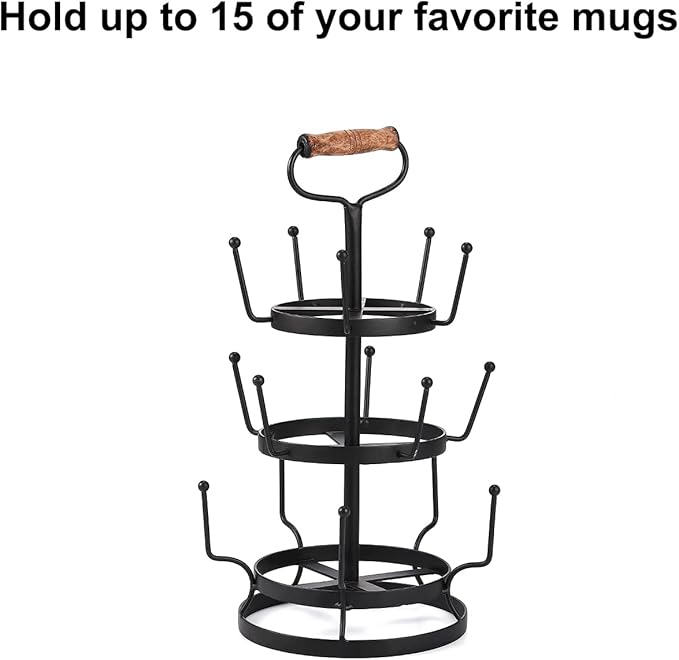 Jemeni Coffee Mug Cup Tree Rack Holder Stand for Counter with Handle, 15-Hook, Black-NeatNest