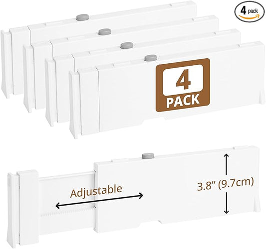 4 Pack 3.8" High Drawer Dividers, 11"-17" Expandable Drawer Organizer For Clothes, Dresser Drawer Organizer, Drawer Separators for Baby Clothes, Vanity, Kitchen and Office Storage, Warm White-NeatNest