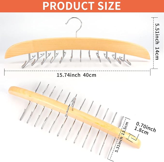 3 Pack Tank Top & Bra Hanger, Tie & Belt Hanger with Natural Wood, 24 Space Saving, 360 Rotating, Foldable Metal Hooks, Closet Organizer and Storage Rack for Tank Tops/Bras/Ties/Belts-NeatNest