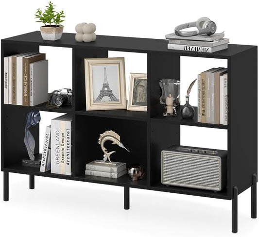 6 Cube Bookcase, Wood Storage Organizer with 5 Metal Legs, Bookshelf with Storage, Cubical Storage Shelf, Wooden Book Shelf, Display Shelves for Bedroom, Living Room, Entryway (Black)