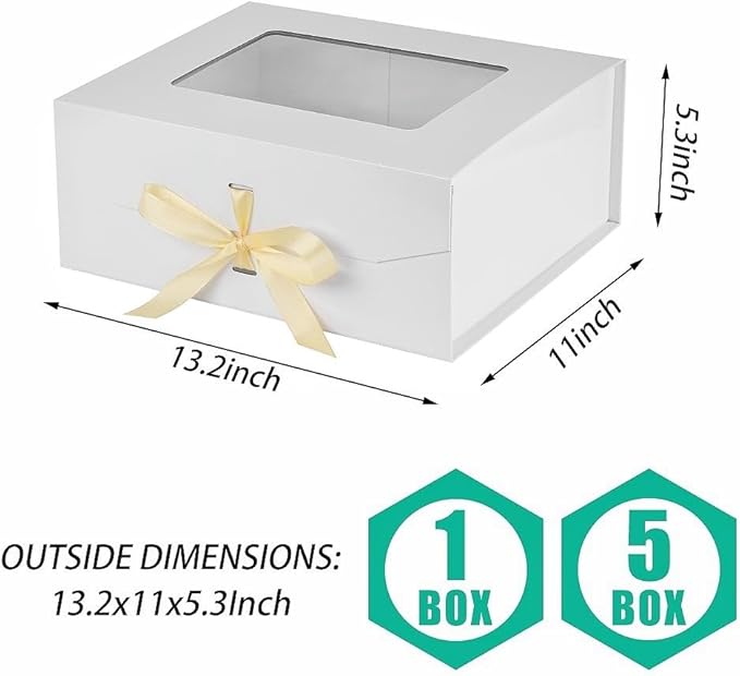 5 Pcs White Gift Box for Presents with Ribbon 13.2x11x5.3 Inches Clear Gift Box with Window Magnetic Closure Gift Boxes with Lids-NeatNest