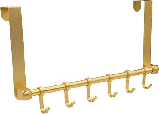 Over The Door Hooks Door Hanger, Moving 6-Hooks Over Door Coat Rack for Hanging, Aluminum Heavy Duty Door Organizer for Towel Robe Hat Bag, Behind Back of Door Bathroom (Gold)