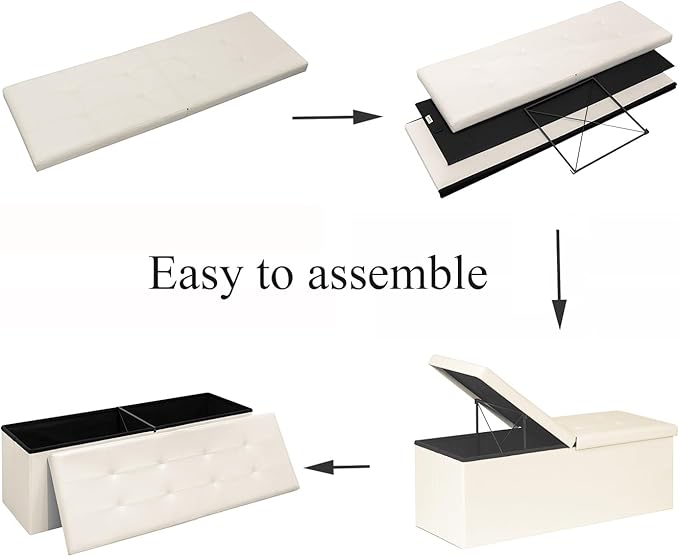 B FSOBEIIALEO Storage Ottoman with Filpping Lids, Ottoman Storage Bench Footrest Seat, Storage Chest Faux Leather 43.3"x15"x15" (White)