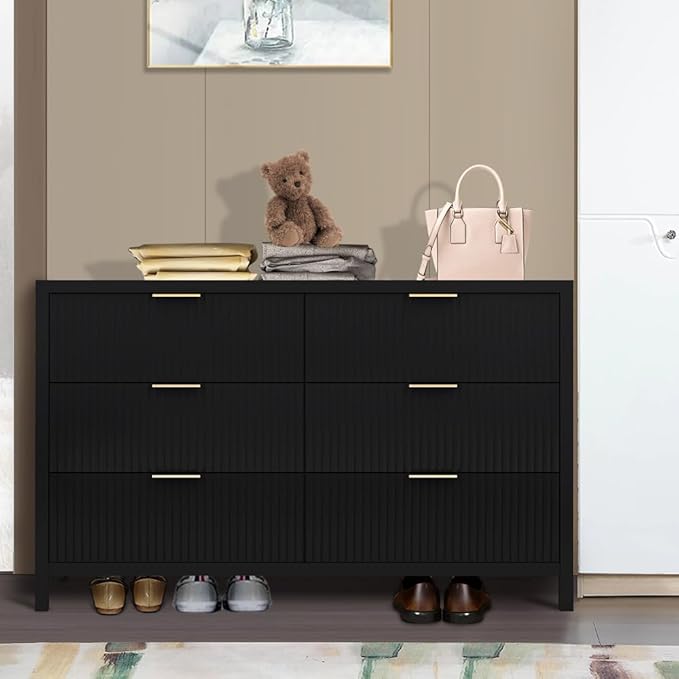 6 Drawer Dresser Cabinet, Long Nightstand with Drawers and Storage Cabinet, Solid Wood Dresser TV Stand, Mid Century Modern Nightstand with 6 Drawer Dresser for Bedroom Closet (Black)
