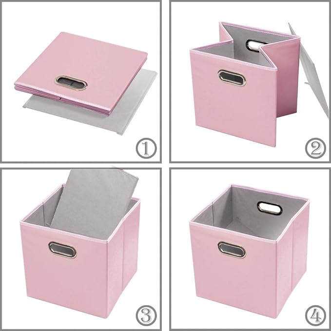 PRANDOM Leather Foldable Cube Storage Bins 13x13 inch [2-Pack] Fabric Storage Baskets Cubes Drawer with Cotton Handles Organizer for Shelves Nursery Closet Bedroom Clothes Pink-NeatNest