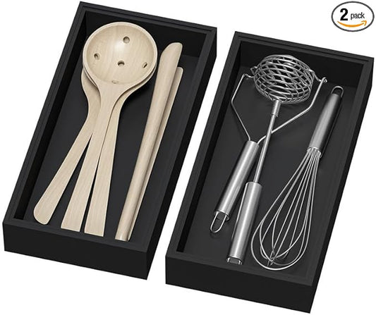 Bamboo Drawer Organizer, Cutlery Silverware Organizer for Kitchen Drawer, Stackable Utensil Organizer, 2 Pcs Flatware Organizer, Wooden Storage Box Tray (Black, 12 X 6 X 2 Inch)-NeatNest