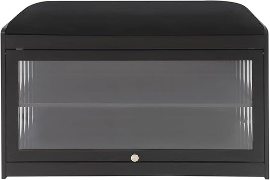 Eapmic Shoe Storage Bench, Entryway Shoe Rack Bench with Padded Seat Cushion, 2-Tier Shoe Cabinet, Bamboo Shoe Organizer for Hallway Bedroom Living Room Front Door (Black, 27.56 * 12.6 * 16.53in)