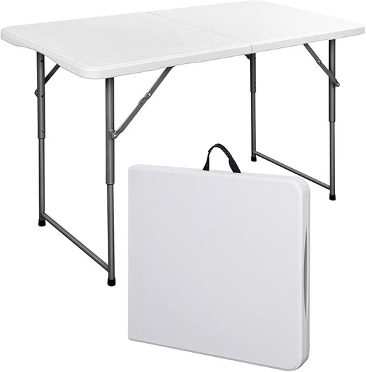 Folding Table 4 Foot Height Adjustable Fold-in-Half Table with Carrying Handle, Small Card Table Indoor Outdoor Use, White-NeatNest