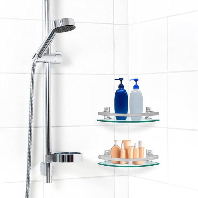 2 Pcs Tempered Glass Corner Shelf with Rail & Brackets, 9.5" x 9.5" Floating Shower Caddy, Wall Mounted Shampoo Holder Organizer for Bathroom, Kitchen, Living Room