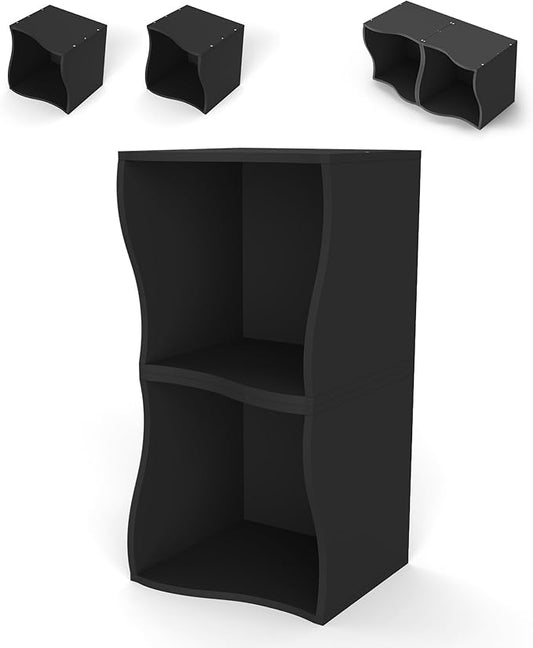2 Cube Storage Organizer Shelf, Stackable Wooden Bookshelf, Modular Bookcase for Bedroom, Living Room, Office, Study (Black)-NeatNest