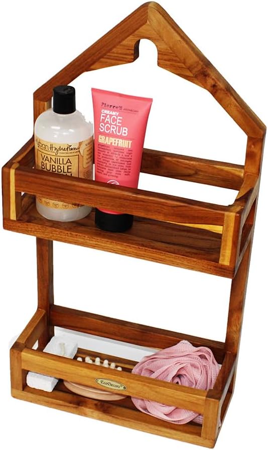 EcoDecors Teak Shower Caddy, Solid Wooden Organizer Rack Over Shower Head, Rustproof, Eco-Friendly Bathroom Storage Shelf, Fully Assembled, Spa Upgrade
