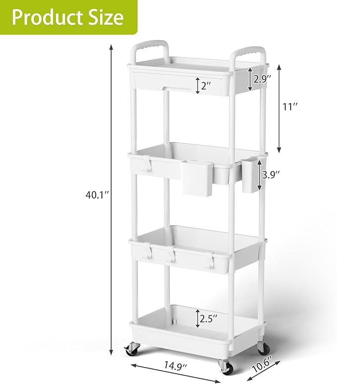 4 Tier Rolling Cart Organizer,Art Craft Diaper Bedside Snack Laundry Room Bathroom Organizer Narrow Thin Slim Rolling Trolley Utility Cart with Wheels for Kitchen,Office(White)-NeatNest