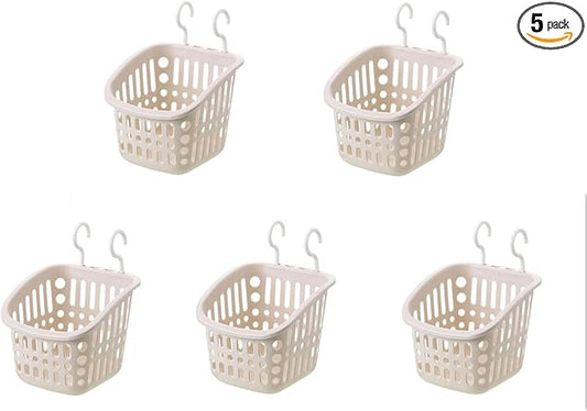 5PCS Plastic Hanging Baskets for Shower, Hanging Basket Organizer with Hooks, Square 6.3Inches Small Hanging Storage Basket (Beige)