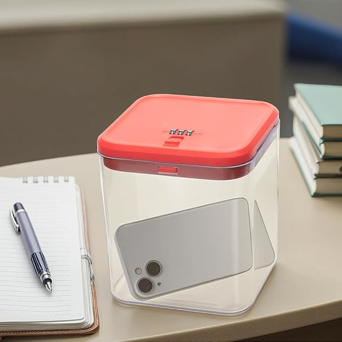 Clear Lockable Storage Box for Medicine Safe,Food Jar,Snacks,Phone - Secure Lock Box Refrigeator Container Bin Store Tank with Combination for Kitchen,Home,Office,Hospital (5.6×5.6×6.3 In) (Red)-NeatNest