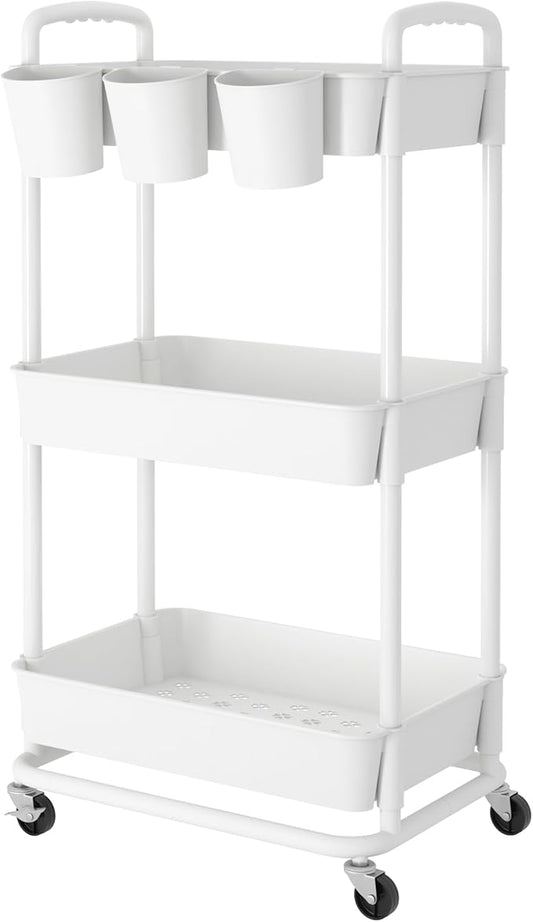 JIUYOTREE 3-Tier Plastic Rolling Storage Cart Utility Cart with Extra Hanging Cups Handles Lockable Wheels for Living Room Bathroom Kitchen Office White-NeatNest