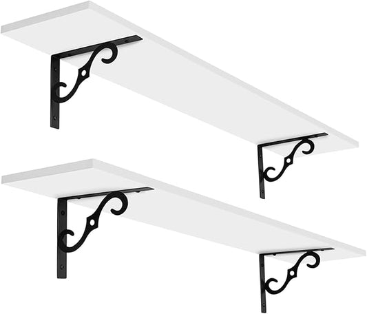 DINZI LVJ Long Wall Shelves, 39.4 Inch Large Floating Shelves Set of 2, Wide Display Shelf Wall Mounted with Brackets, Easy Hanging for Living Room, Toilet, Office, Bedroom, White-NeatNest