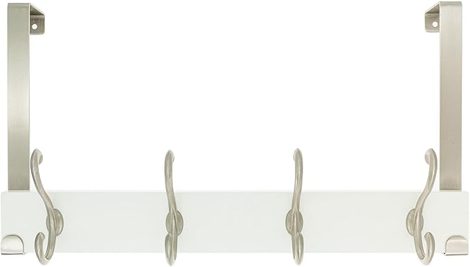 creathome Dual-Purpose Wooden Hanger with 4 Ring Hooks White Color, Behind/Over The Door Towel Rack for Bathroom, Heavy Duty Wall Mounted Coat Rack, No Drilling