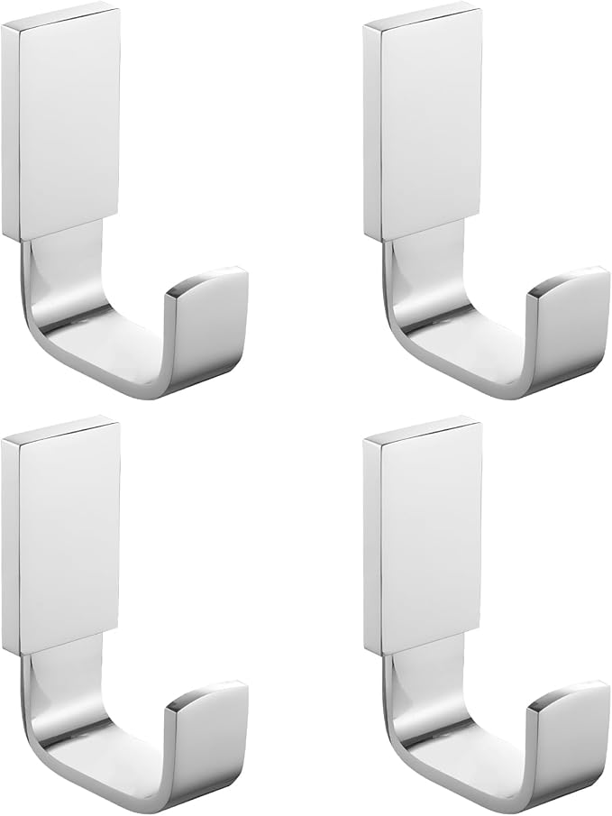 BESy Brass Clothes Hook Single Towel Hook for Bathroom Kitchen Garage Square Style Robe Hooks Coat and Hat Hook, Self Adhesive with Glue or Wall Mounted with Screws, Four Packs, Polished Chrome-NeatNest