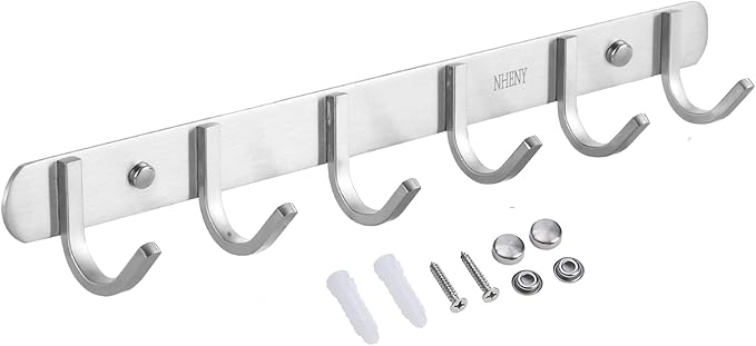 Coat Hook Wall Mount - NHENY Towel Rack with 6 Hooks Hanger for Hanging Clothes, Bags, Keys, and Towels Bathroom, Entryway, Door, 304 Stainless Steel Brushed Nickel-NeatNest