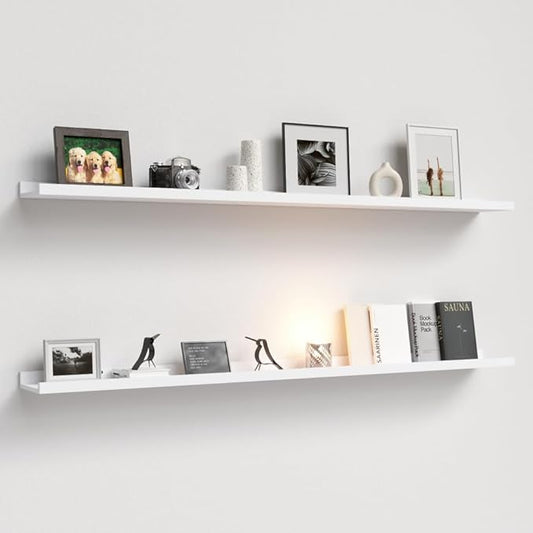 55.1 Inches Long Floating Shelves, 2 Set Rustic Wall Shelf for Bedroom, Nursery Book Shelf with Lip, Picture Ledge Shelf for Living Room, Bathroom, Kitchen - White-NeatNest
