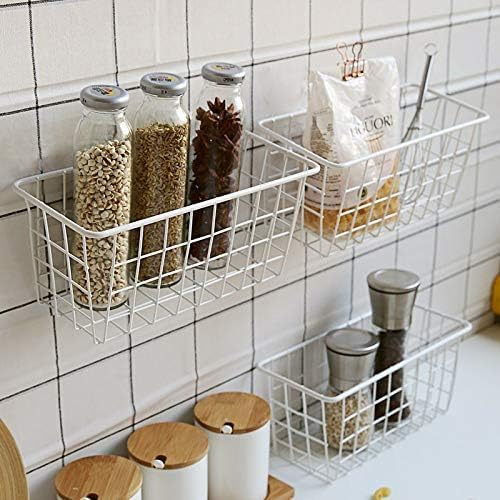 2 Set LeleCAT Hanging Wall Basket Organizer Over the Cabinet Door Adhesive Wire Baskets for Organizing Kitchen Food Pantry Bathroom Shelf Storage No Drilling Wall Mounted,White-NeatNest