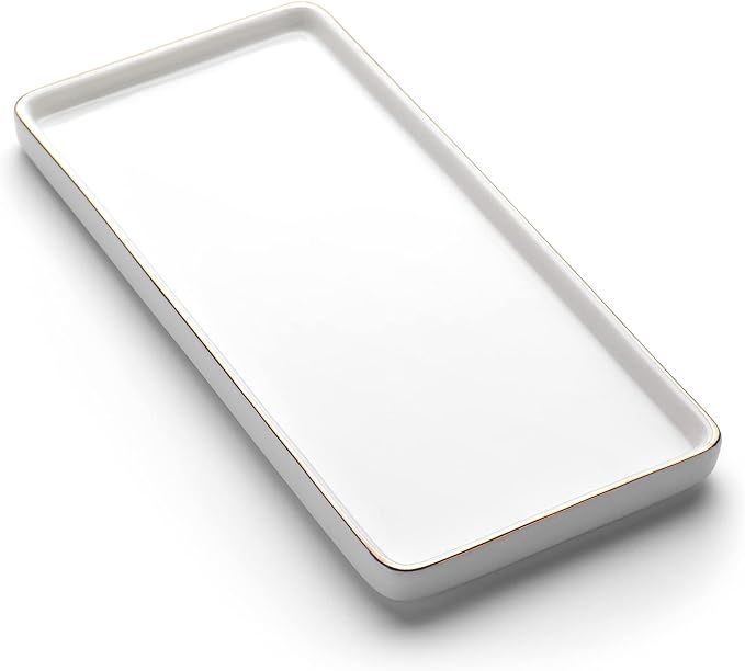 Gurygo 10" Bathroom Tray, Ceramic Vanity Trays for Bathroom, Small Ceramic Tray, Kitchen Soap Trays for Kitchen Counter (White with Gold-Edged, 10",Set/1)-NeatNest