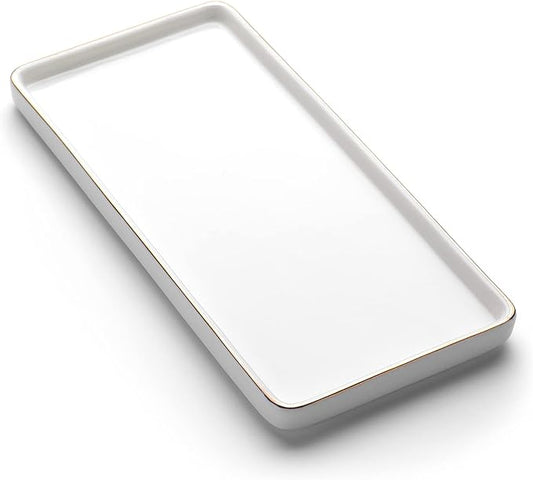 Gurygo 10" Bathroom Tray, Ceramic Vanity Trays for Bathroom, Small Ceramic Tray, Kitchen Soap Trays for Kitchen Counter (White with Gold-Edged, 10",Set/1)-NeatNest