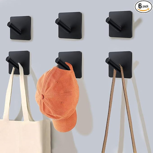 Adhesive Towel Hooks 6 Pack, Bath Towel Hooks, Adhesive Wall Hooks for Bathroom Coat Robe Kitchen, Stainless Steel self-Adhesive Hooks, Black