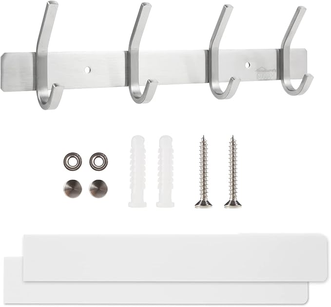 Coat Rack Wall Mounted,Stainless Steel Silver Towel Racks with 4 Hooks for Bathroom Kitchen Bedroom Door-NeatNest