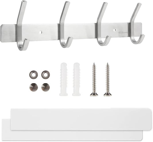 Coat Rack Wall Mounted,Stainless Steel Silver Towel Racks with 4 Hooks for Bathroom Kitchen Bedroom Door-NeatNest