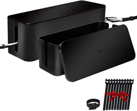 Cable Management Box Organizer, Pack of 2 Wire Concealer to Cover Hide Surge Protector & Power Strip on Desk Floor, with 5 Cord Fastening Tapes for Office, Home, Kitchen (Luxury Black)