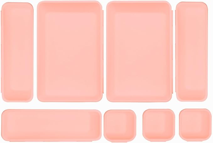8 Pcs Desk Drawer Organizers, 3 Size Plastic Vanity and Bathroom Drawer Organizer Trays, Storage Bins for Makeup, Utensils, Jewelries, Office and Kitchen (Pink)-NeatNest