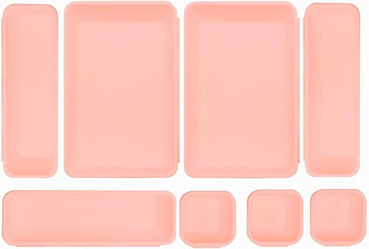 8 Pcs Desk Drawer Organizers, 3 Size Plastic Vanity and Bathroom Drawer Organizer Trays, Storage Bins for Makeup, Utensils, Jewelries, Office and Kitchen (Pink)-NeatNest