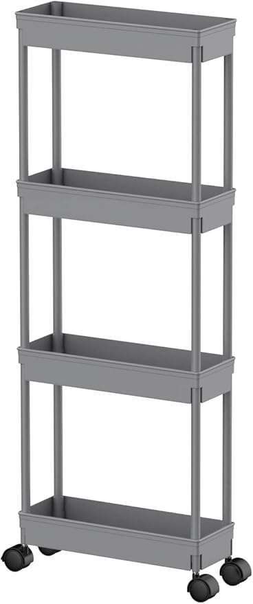 Sooyee 4 Tier Slim Storage Cart,Rolling Storage Cart,Narrow Shelf,Bathroom Rack,Mobile Shelving Unit Organizer for Kitchen, Bathroom, Laundry Room, Grey