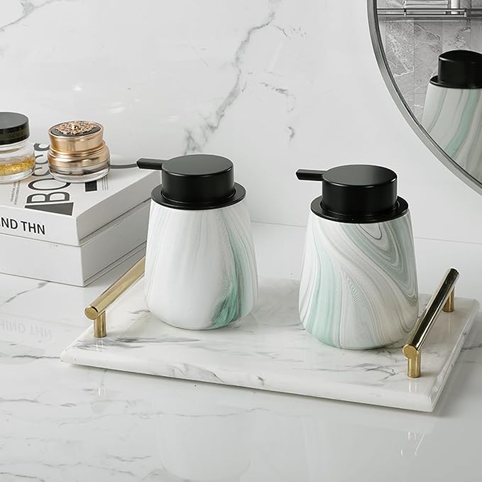 12Oz Foam Hand Soap Dispenser - Modern Ceramic Foaming Soap Dispenser with Easy-to-Press Pump, Reusable and Refillable Liquid Dish Soap Dispensers for Bathroom & Kitchen, Marble Green-NeatNest
