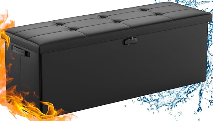 DocSafe Storage Ottoman Bench,Fireproof＆Waterproof Folding Bench with Lock(15”x 43”x15”),Leather Storage Chest with Handles＆2 Extra Boxes,Ottoman Safe for Bedroom,Living Room,Home Office,Black-NeatNest