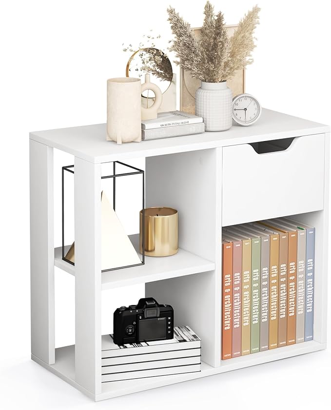 Giantex 3 Cube Bookcase with Drawer, 2 Tier Bookshelf for Small Space, Modern Freestanding Display Rack with Open Shelves, White Book Case, Wood Cube Storage Organizer Bedroom Living Room