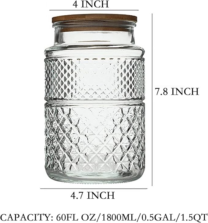 60 FL OZ Large Glass Storage Jar Food Storage Container with Airtight Bamboo Wooden Lid for Candy Snack Coffee Tea Nuts Airtight Glass Jars Kitchen Containers Cereal Canisters Vintage Glass Canisters
