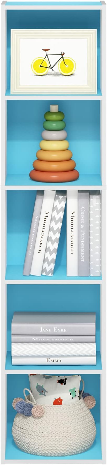 Furinno Luder Bookcase / Book / Storage, 5-Tier Cube, Light Blue/White-NeatNest