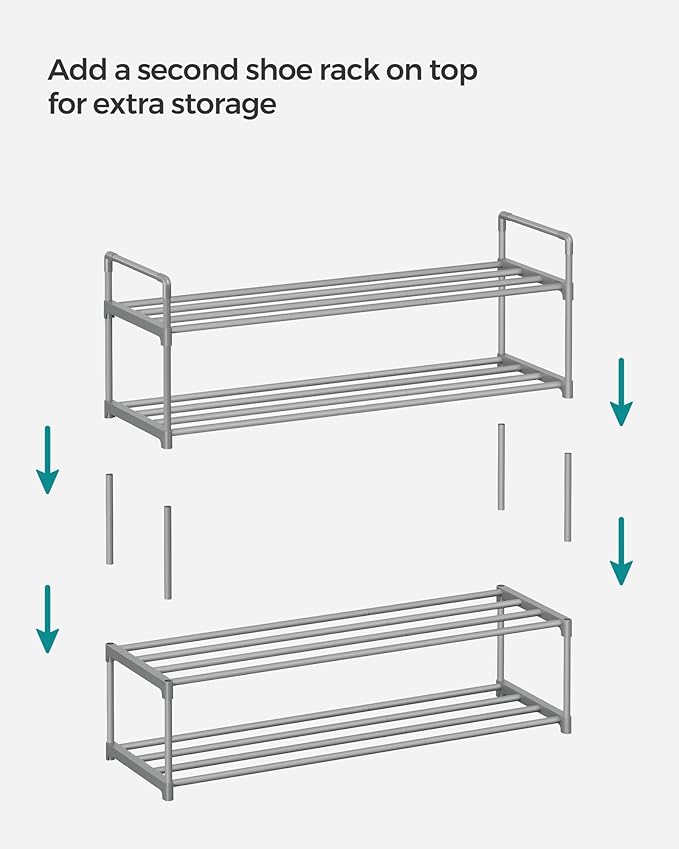 SONGMICS Shoe Rack, 2-Tier Shoe Organizer, Metal Storage Shelf, Upright or Upside Down, for 12-15 Pairs, Stackable, for Entryway, 11.8 x 36.2 x 13.4 Inches, Gray ULSA012G01-NeatNest